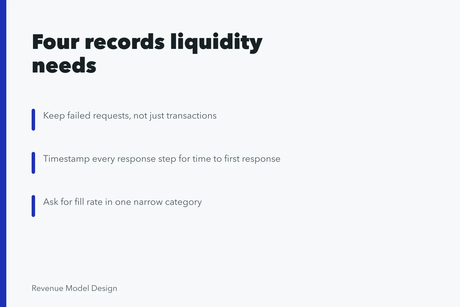 Card listing four records marketplaces need to measure liquidity by segment. Choosing marketplace models tools: the four records liquidity actually needs