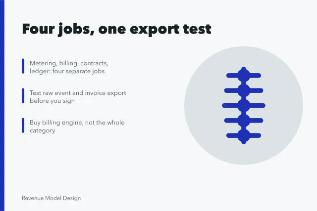 Card listing four billing jobs and the export test to run first. The export test that separates real revenue models tools from spreadsheets