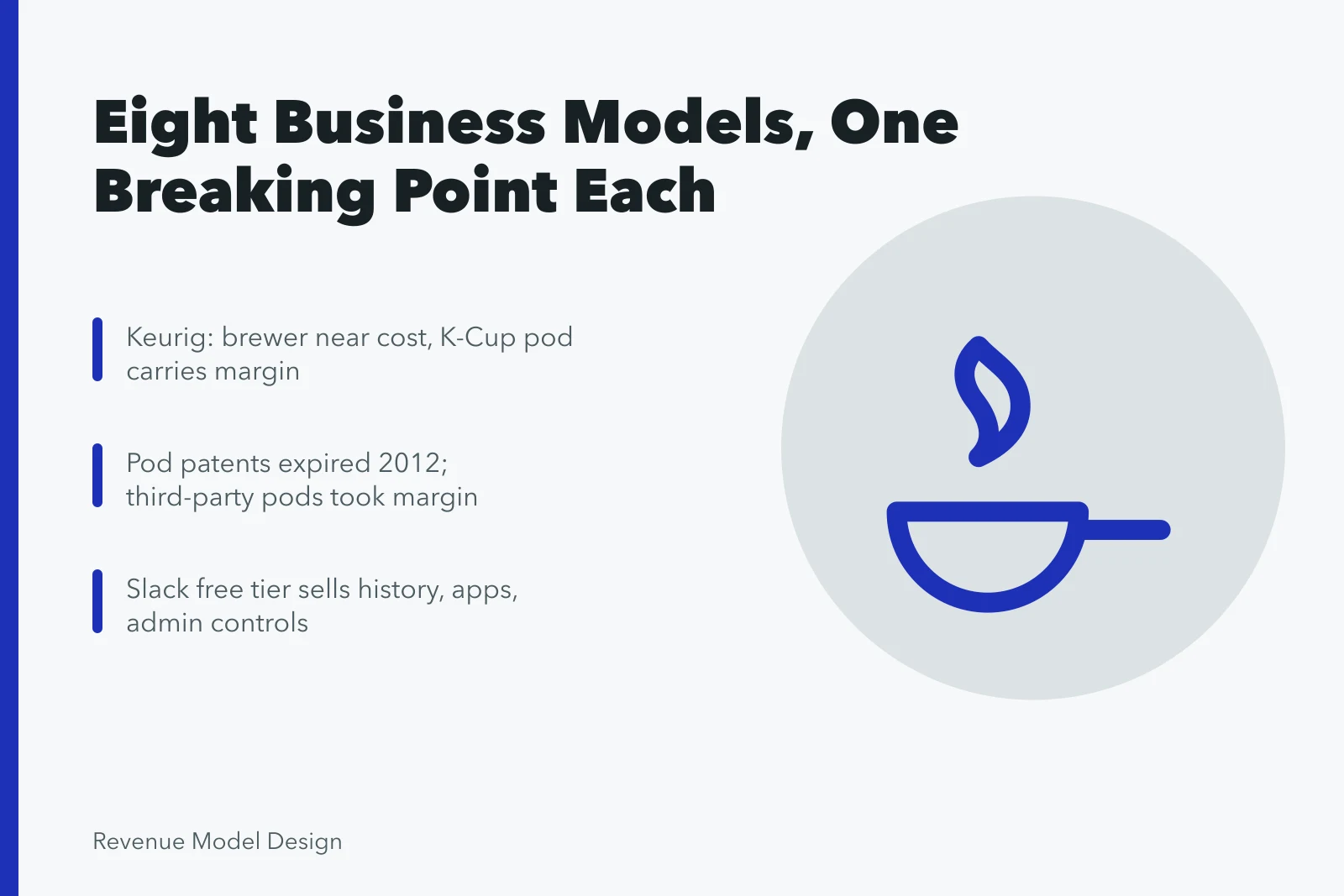 Card listing business model archetypes with Keurig and Slack examples. Business model types examples: eight archetypes and what breaks each one