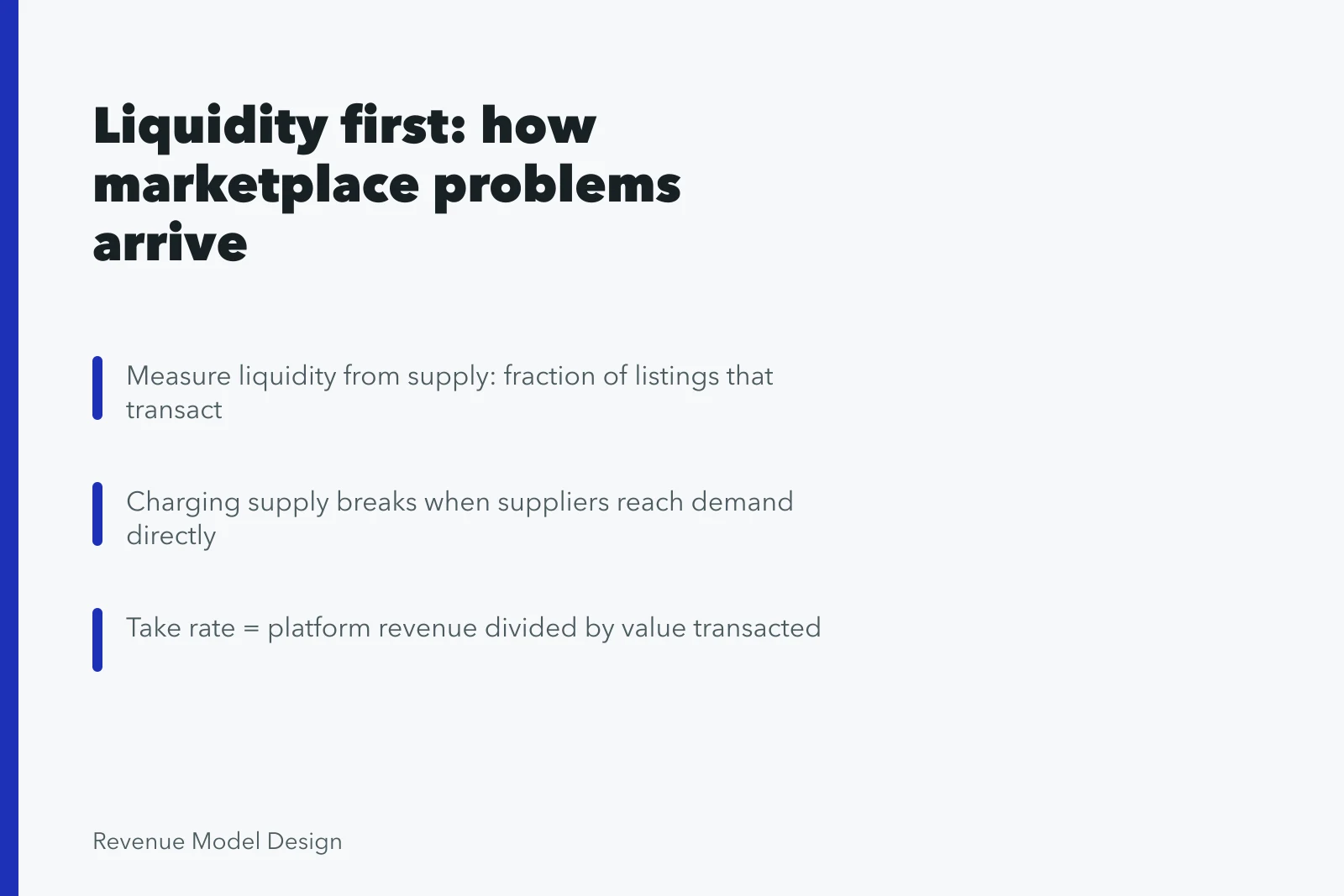 Card on marketplace liquidity, who pays, and take rate definition. Liquidity first: the order marketplace model problems actually arrive in