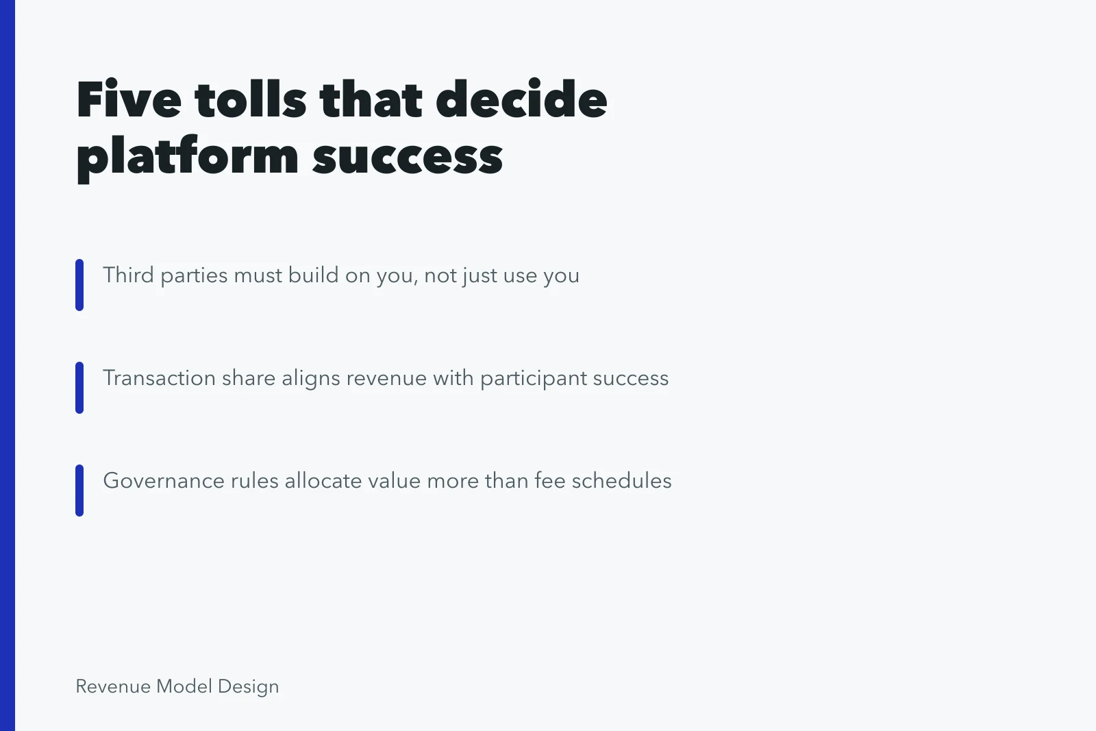 Card outlining five tolls and qualification tests for platform business models. The five tolls that decide whether platform models actually work