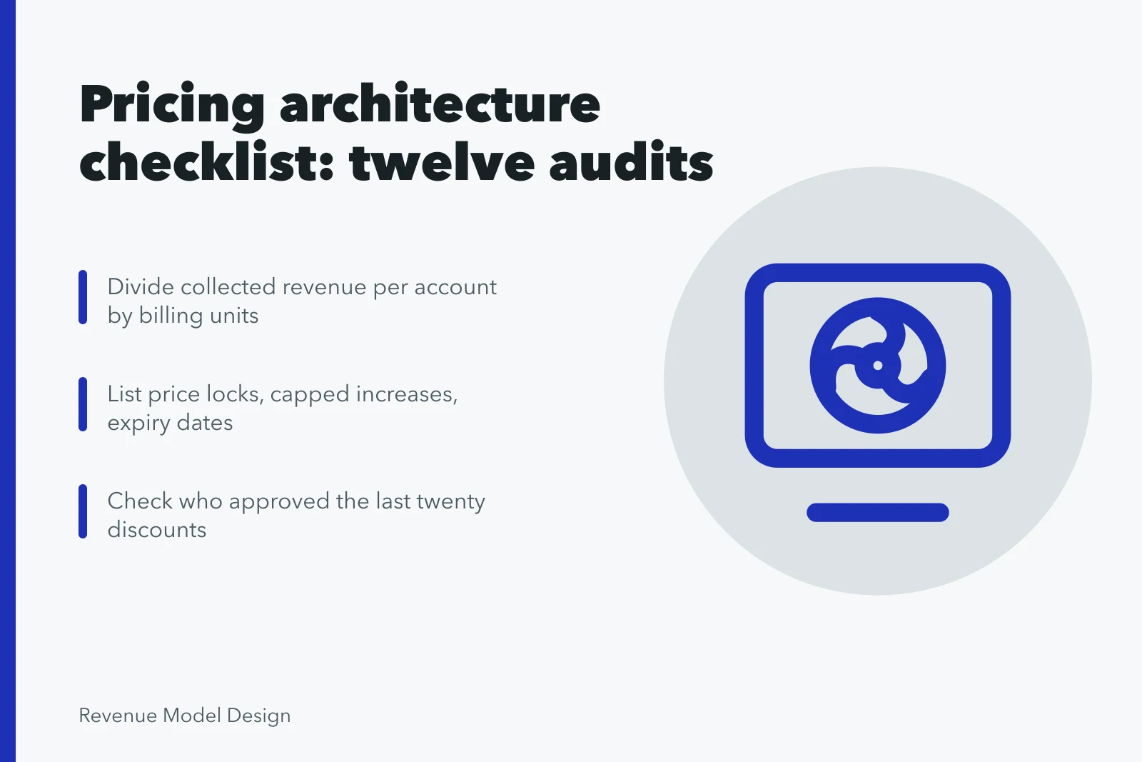 Pricing architecture checklist card with twelve invoice and contract audits. Pricing architecture checklist from the ground up as of 2027