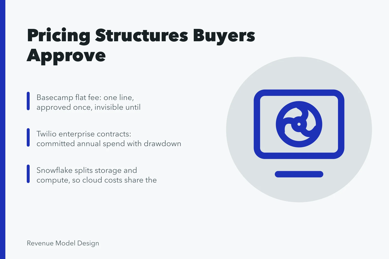 Card summarizing five pricing architecture examples and their approval problems. 5 details of pricing architecture examples people miss
