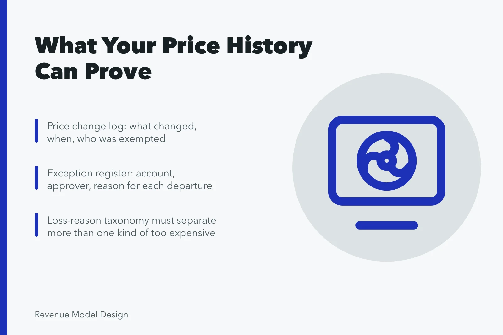 Card on pricing records: change log, exception register, loss-reason taxonomy limits. What your own pricing records can prove, and the limit metrics hit
