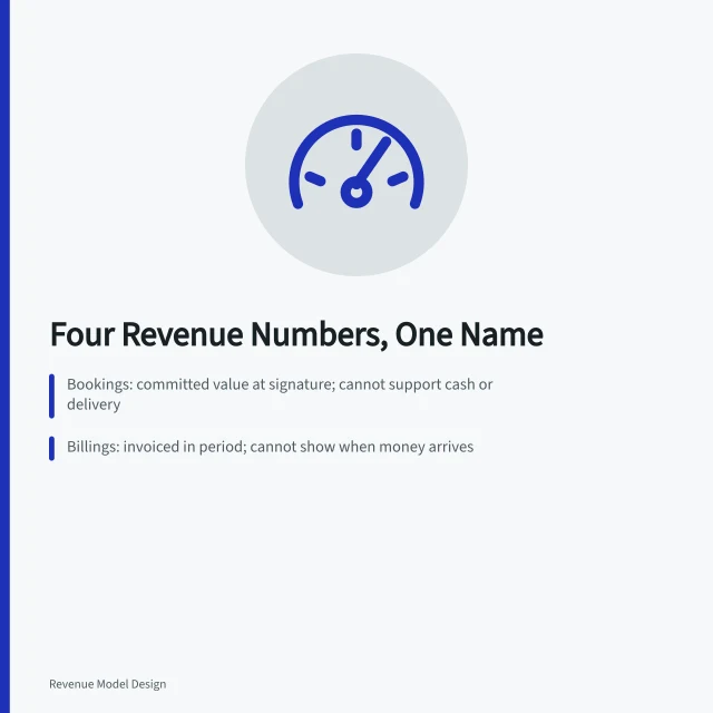 Card explaining bookings, billings, recognized revenue, and cash collected as separate revenue metrics. Reading revenue models metrics without fooling yourself