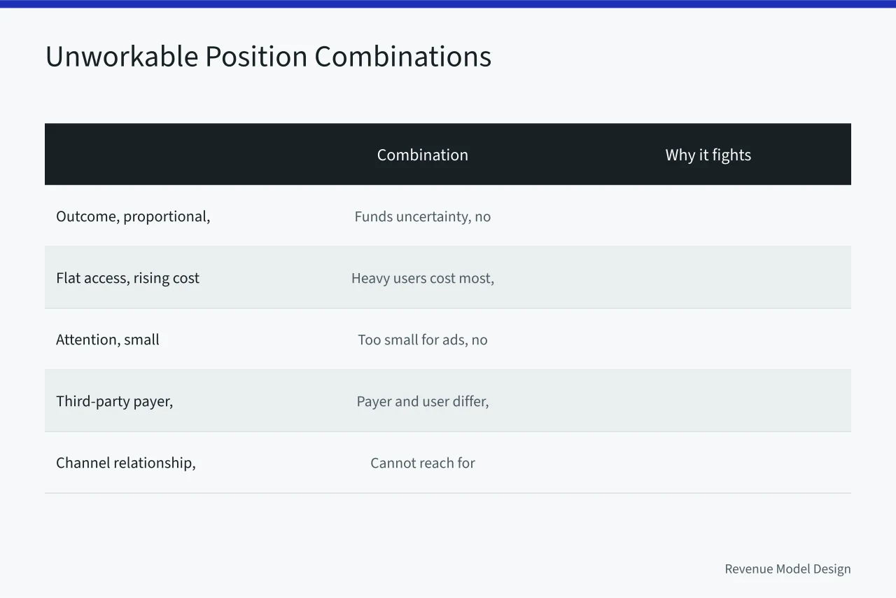 Table of five unworkable business model position combinations (Business model types framework: five axes and where they conflict)