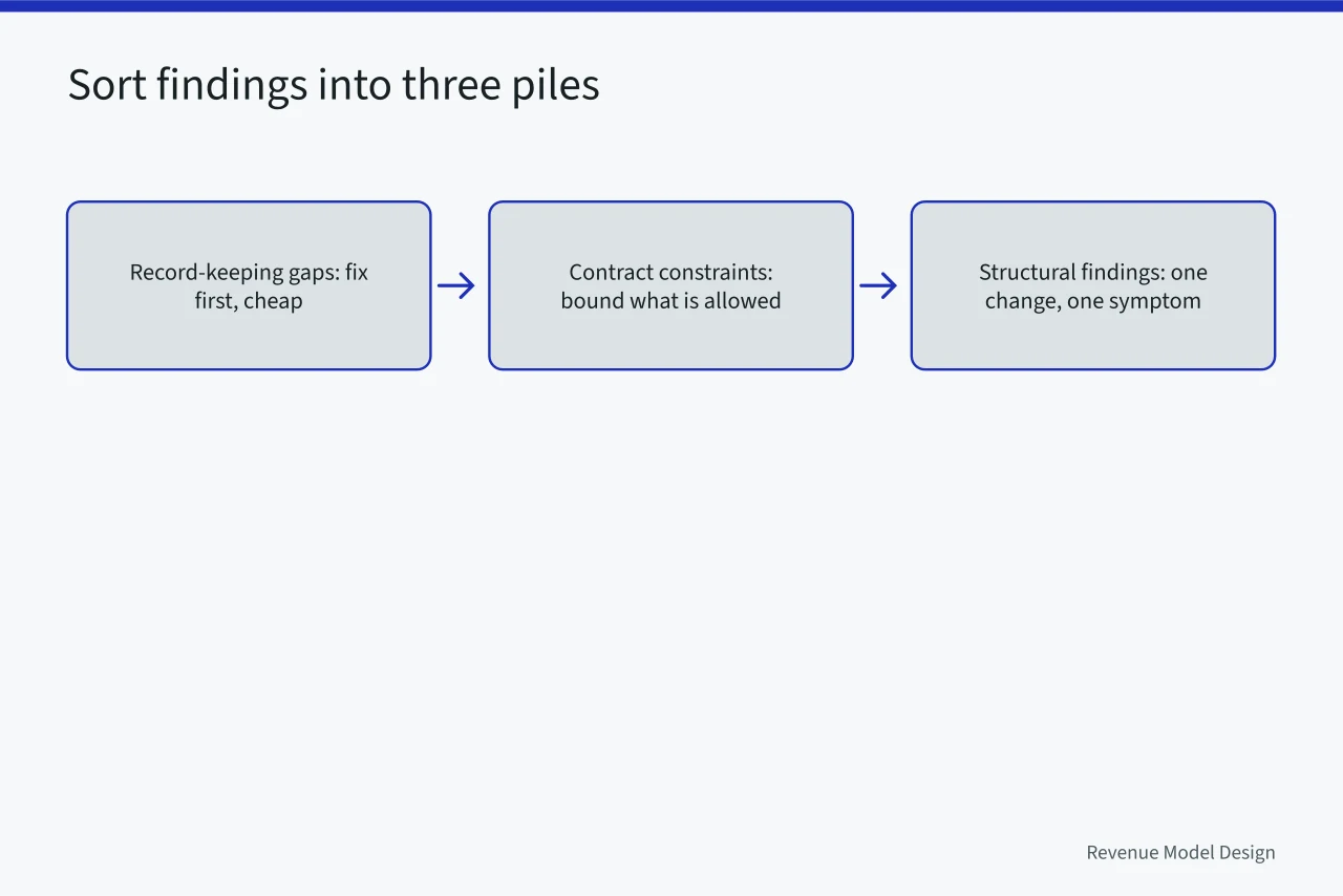 Three-pile sorting flow for pricing checklist findings (Pricing architecture checklist from the ground up as of 2027)