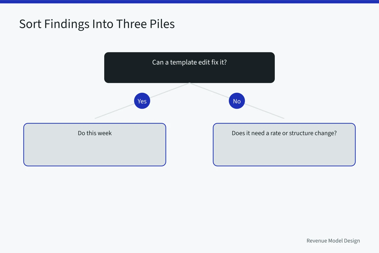Decision tree sorting findings into three action piles (4 points on service models checklist that matter)