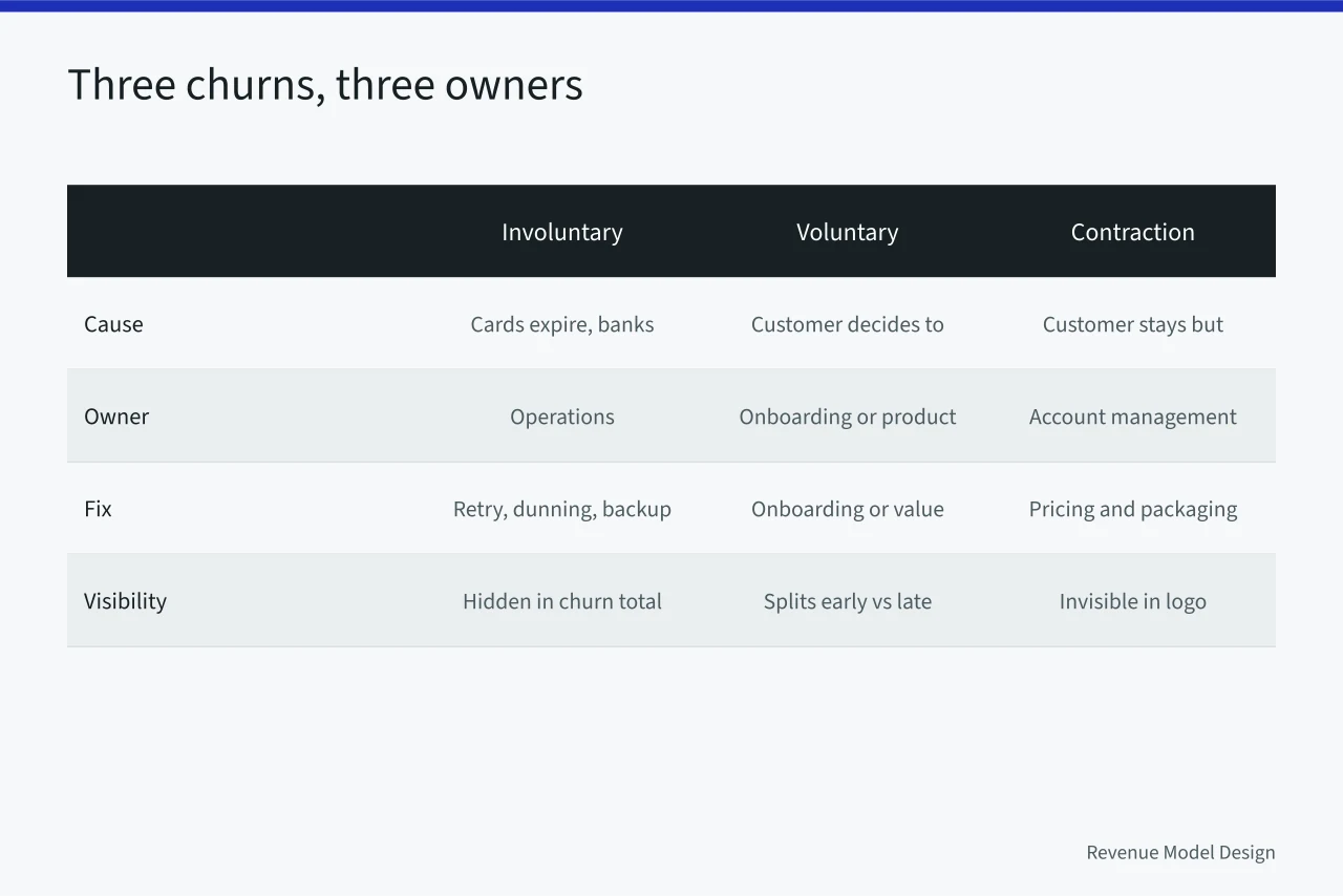 Comparison table of involuntary, voluntary, and contraction churn with causes and owners (Subscription models and the promises recurring revenue cannot break)
