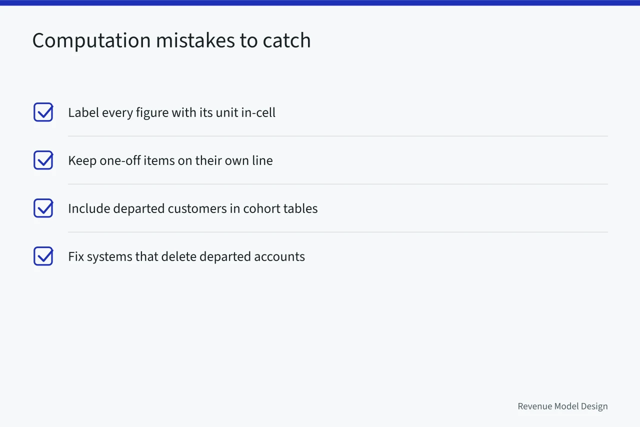 Checklist of computation mistakes: units, annualizing, survivorship (Where unit economics mistakes actually hide: inputs, not arithmetic)