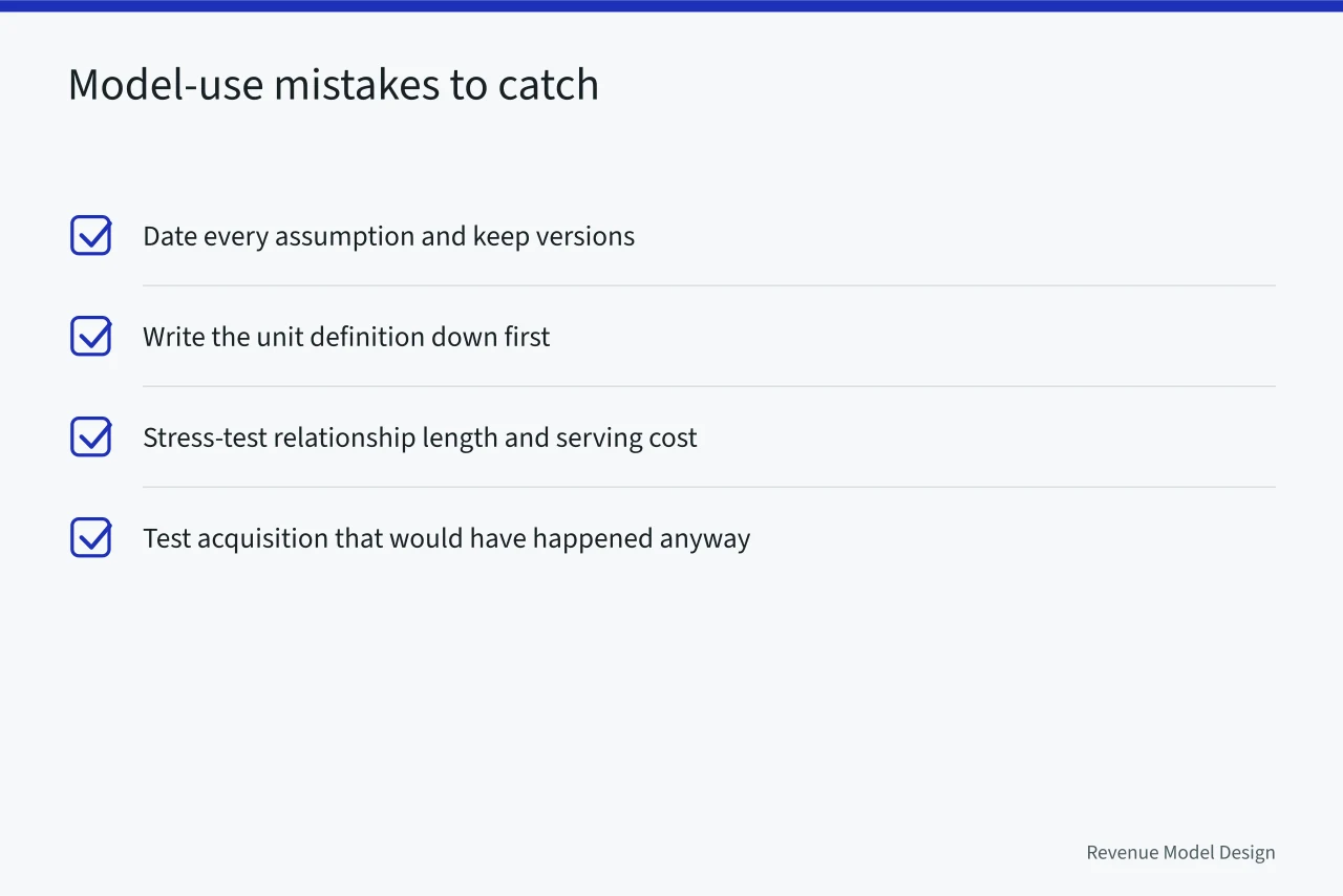 Checklist of model-use mistakes: assumptions, definitions, sensitivity (Where unit economics mistakes actually hide: inputs, not arithmetic)